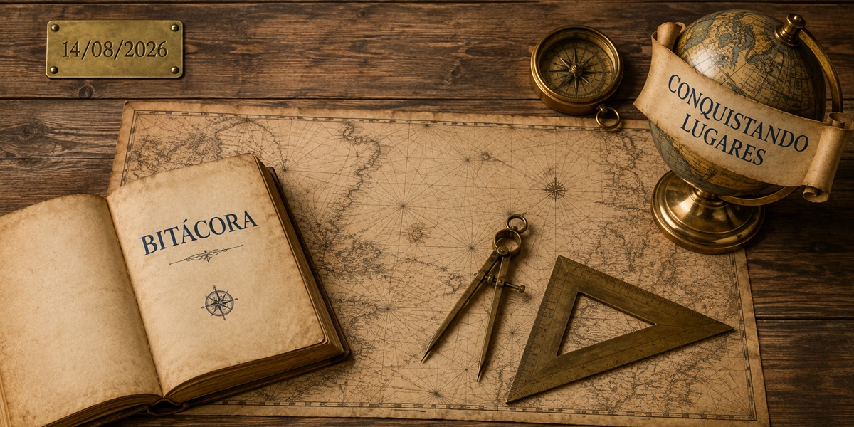 Banner Categoría Bitácora – Conquistando Lugares Banner oficial de la categoría Bitácora en Conquistando Lugares con mapa náutico, compás de navegación, libro antiguo y distintivo