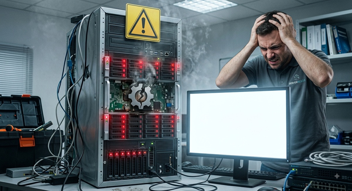 Bitácora: Entrada 0 (14/08/26) – Error crítico en servidor y colapso de la web Administrador de sistemas frustrado agarrándose la cabeza frente a un rack de servidores con humo, señal de peligro y monitor con pantalla en blanco